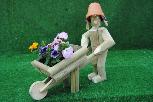 Boy or Girl gardener pushing a wheelbarrow.